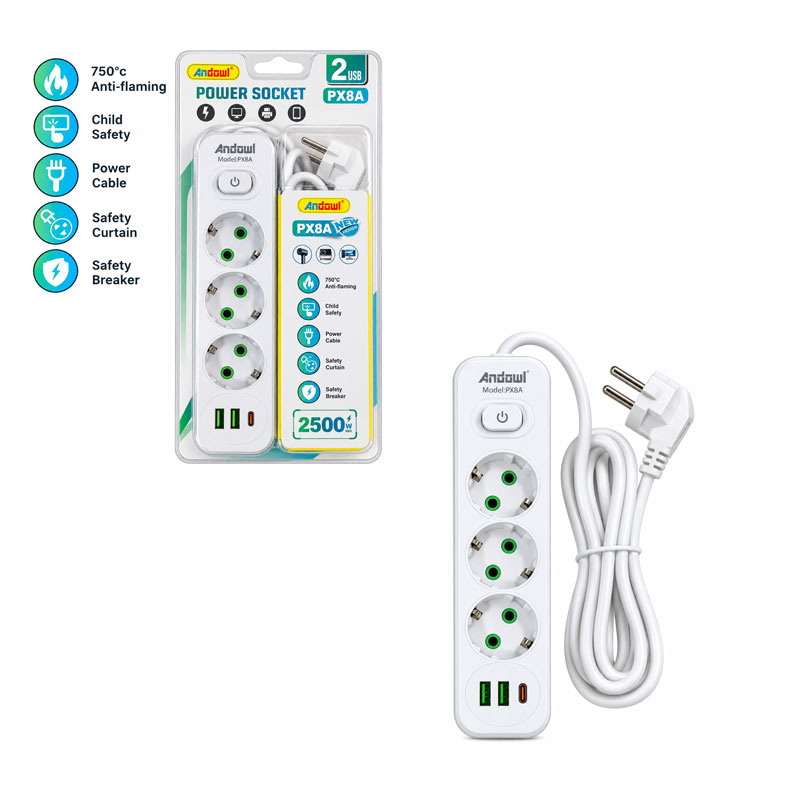 Andowl Πολύπριζο 3 Θέσεων με 2 USB, 1 Type-C, Διακόπτη ON/OFF και Καλώδιο 2m 2500W PX8A - 3 Socket Power Socket